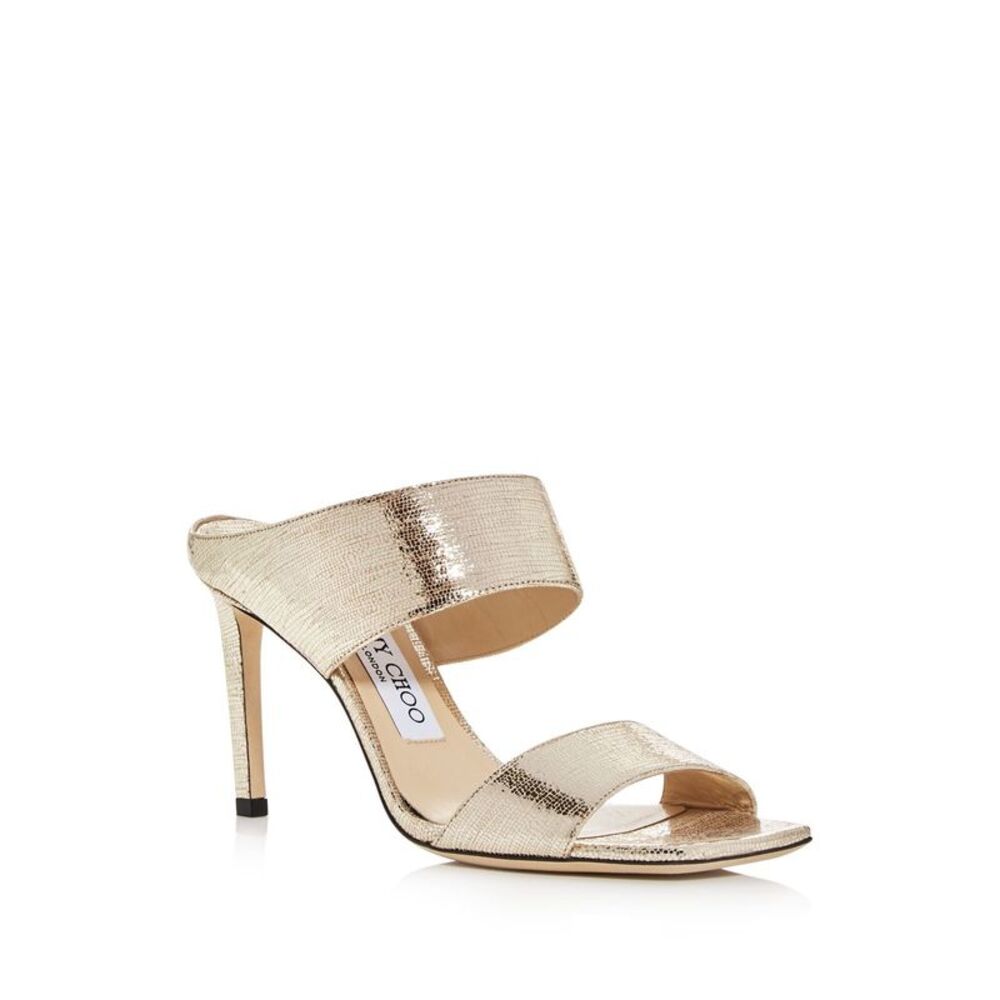 NWT JIMMY CHOO Womens Gold Hira Square Toe Stiletto Slip On Leather Sandals 36.5